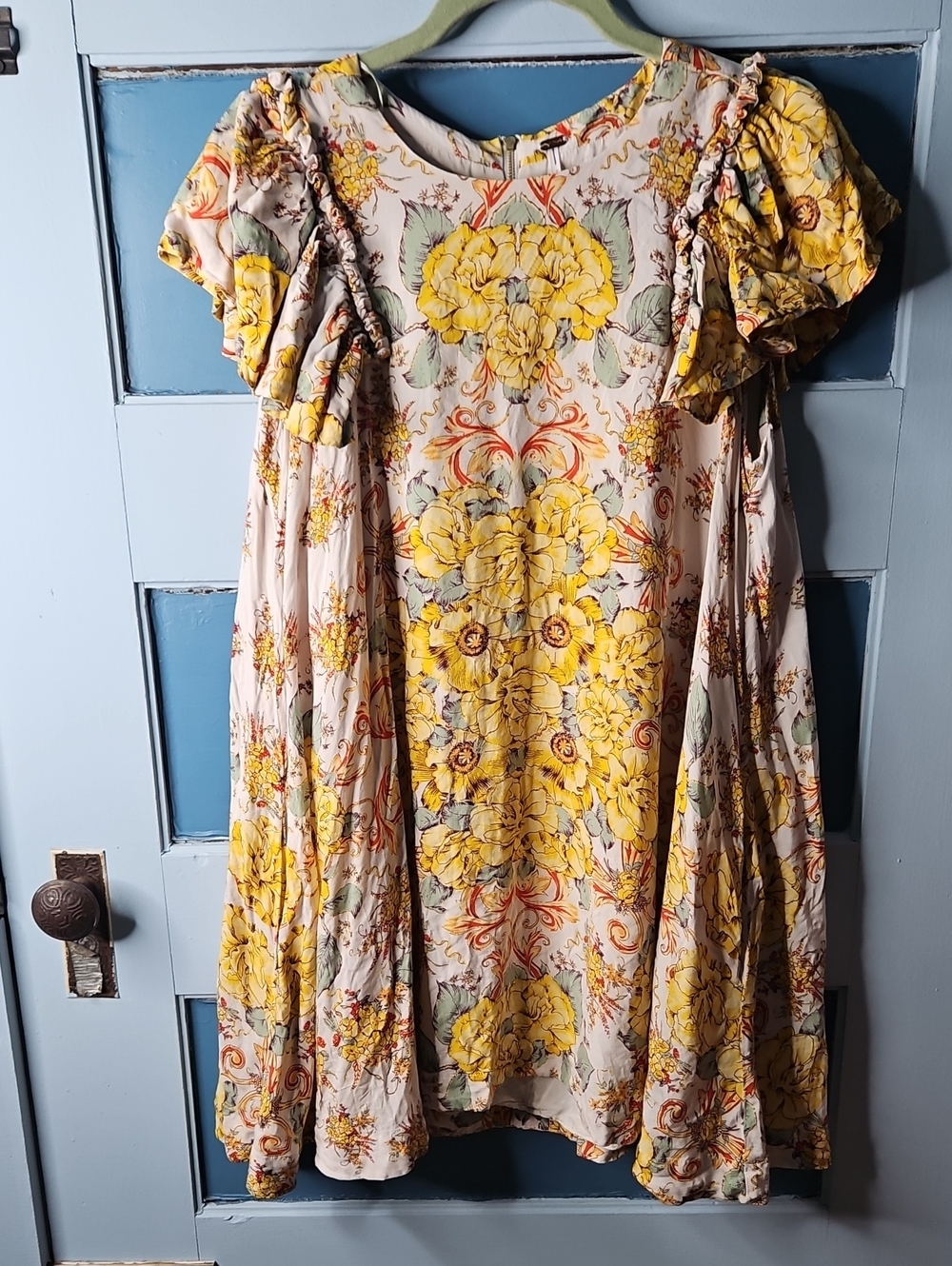 Free People Yellow Floral Boho Short Sleeve Swing Mini Dress Small